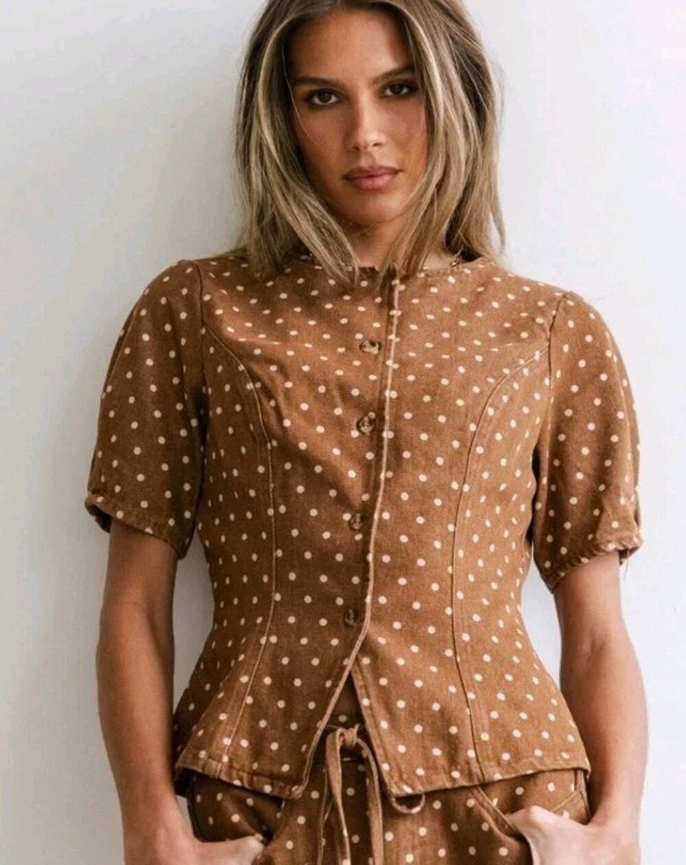 Women's M Brown Denim Polka Dot Button Up Top| Retro Cottagecore European Summer